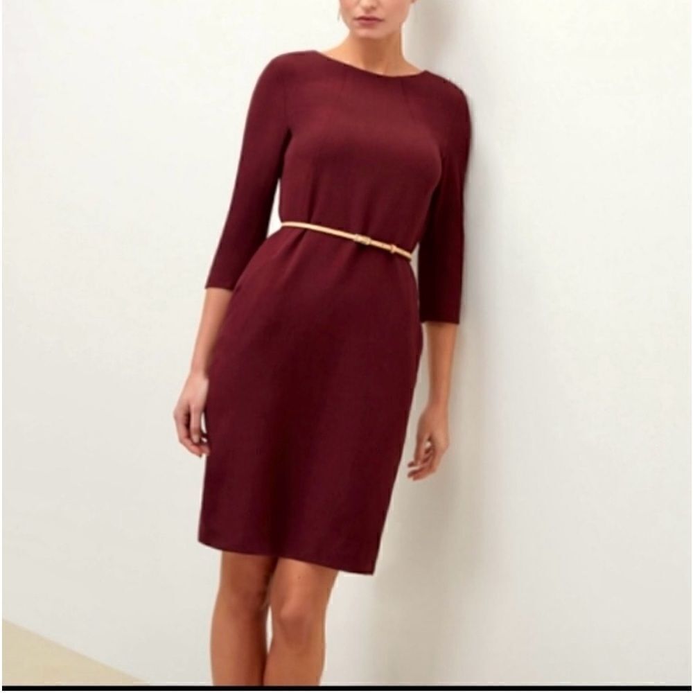 MM Lafleur Etsuko Sheath Dress Wine Burgundy 3/4 Sleeves Pockets No Belt size 2
